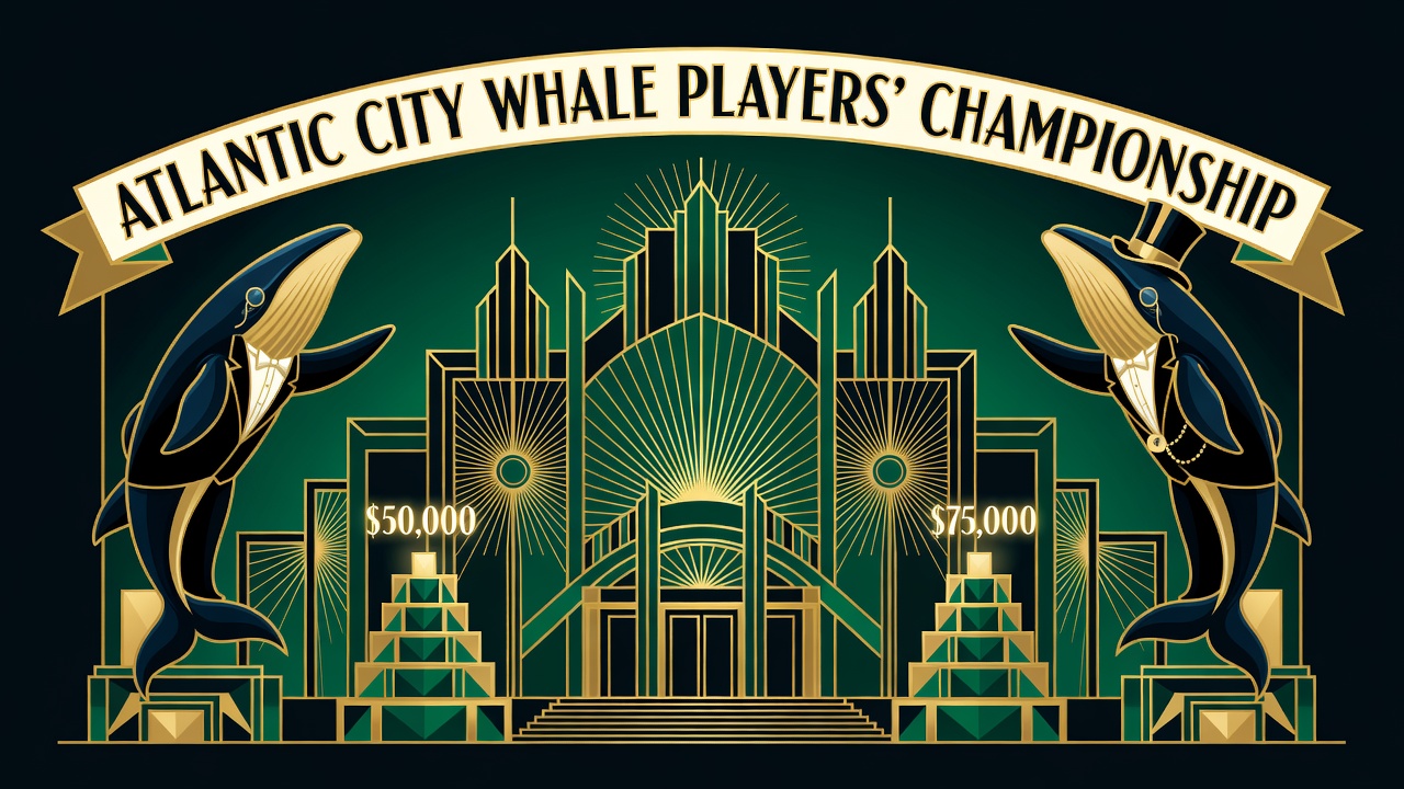 a tournament venue in Atlantic City with whale players and championship pot value towers displayed