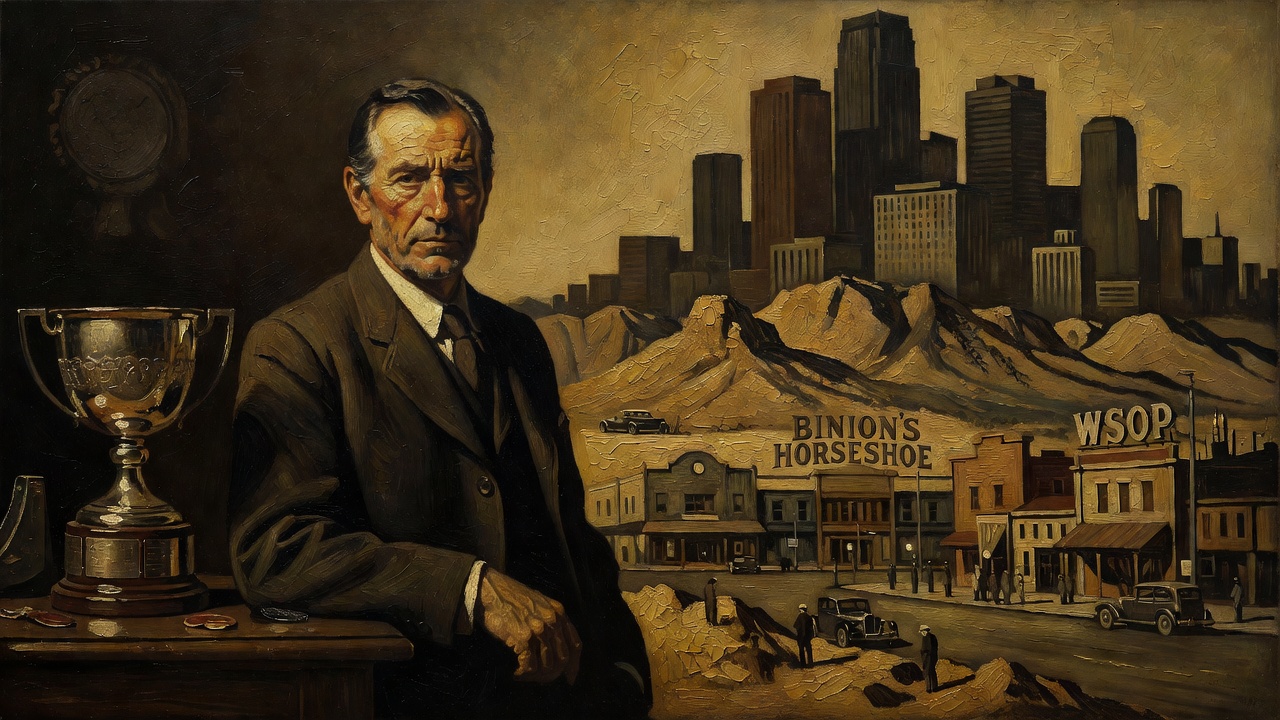 benny binion portrait with wsop trophy and las vegas casino empire building history shown