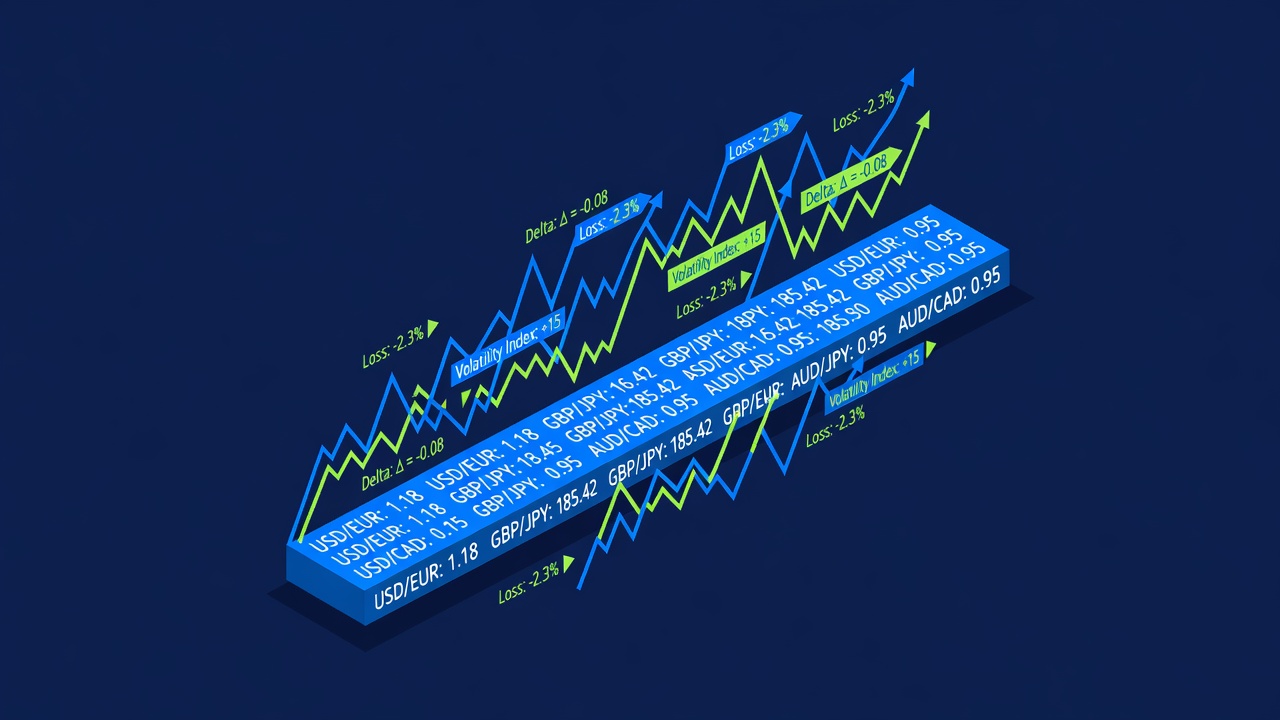 an exchange rate ticker tape with accelerating price volatility lines and loss calculation annotations
