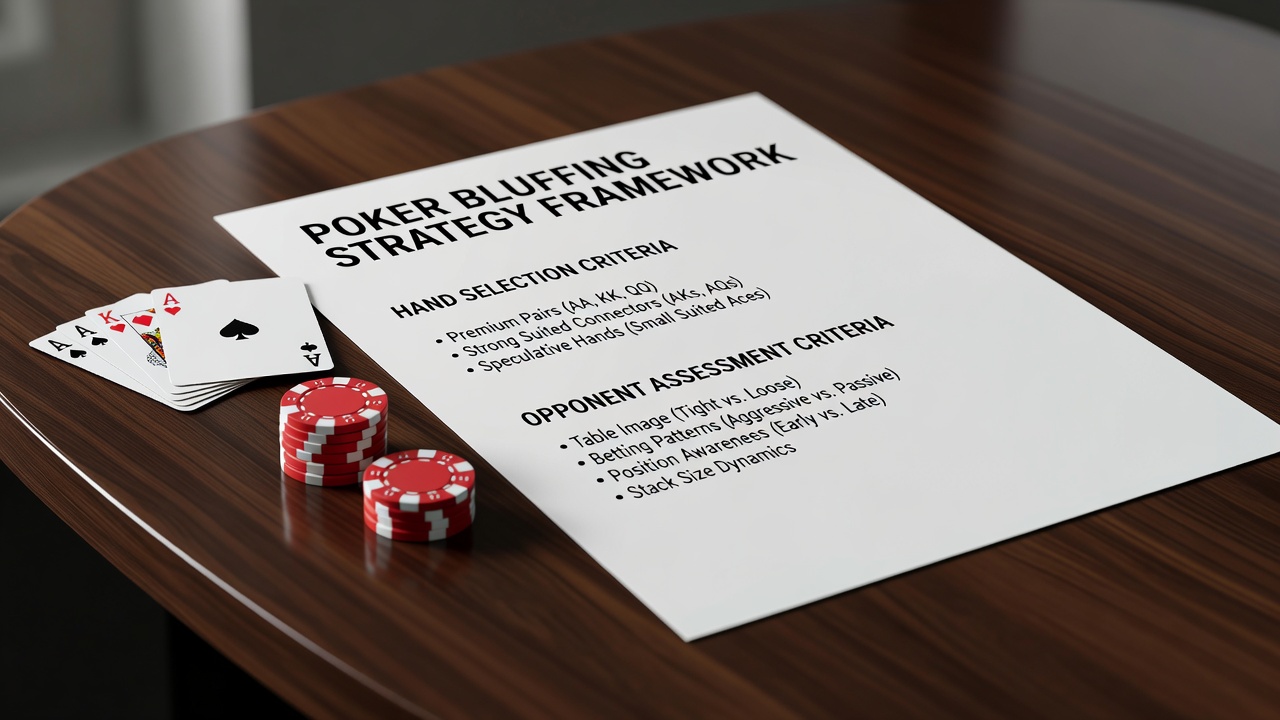 poker bluffing strategy framework with hand selection and opponent assessment criteria shown