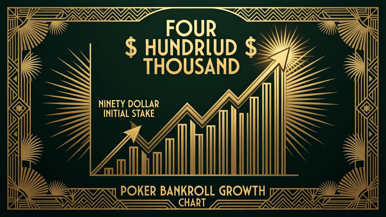 poker bankroll growth chart showing ninety dollar initial stake scaling to four hundred thousand