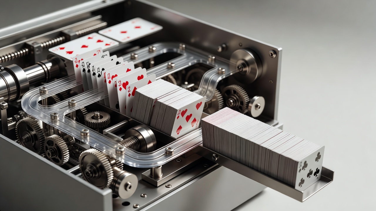 continuous shuffling machine internal mechanism with card processing and deck reintroduction shown