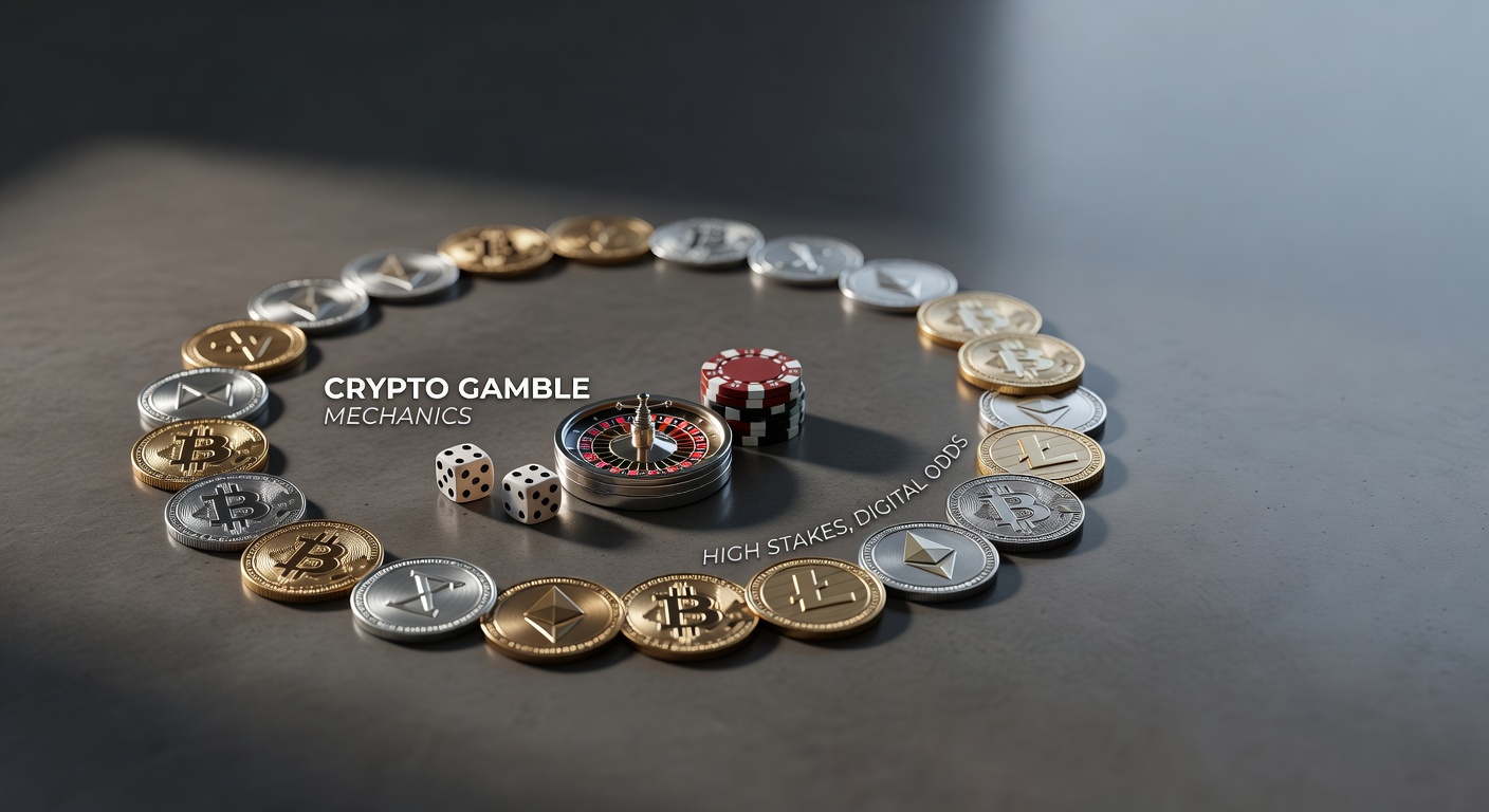 Cryptocurrency coins arranged showing crypto gambling mechanics