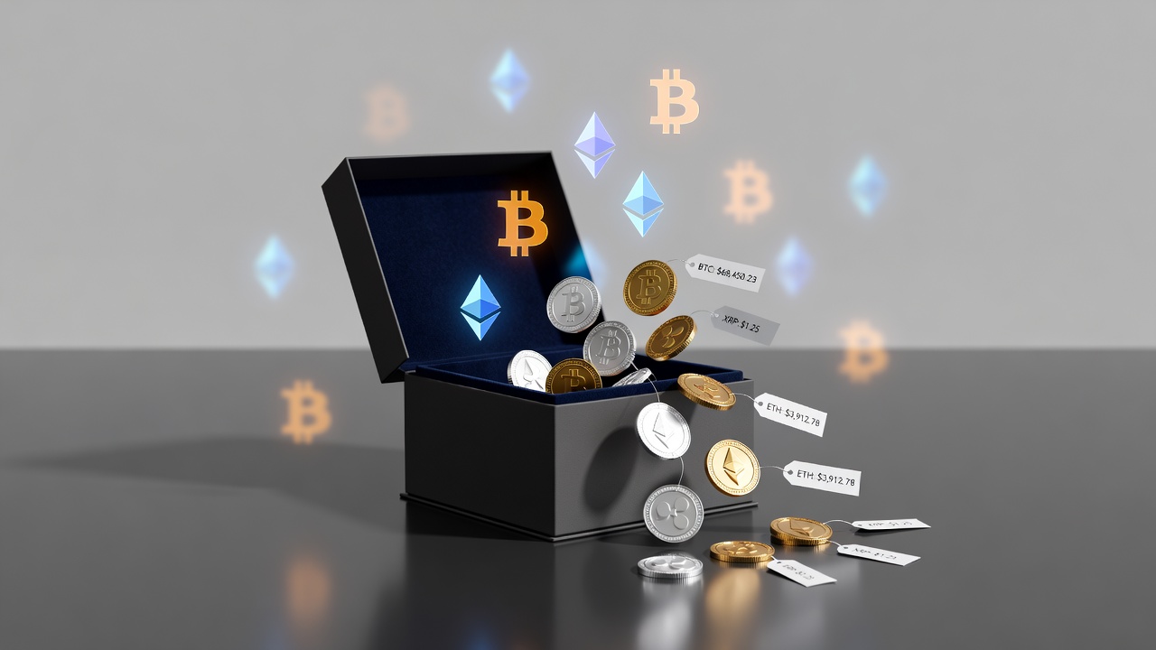 digital currency symbols floating above an open gift box, tokens spilling outward with value tags