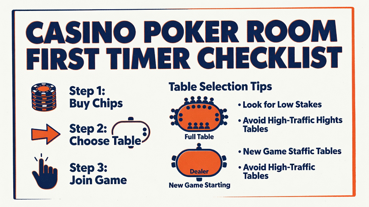 casino poker room first timer checklist with step by step navigation and table selection tips
