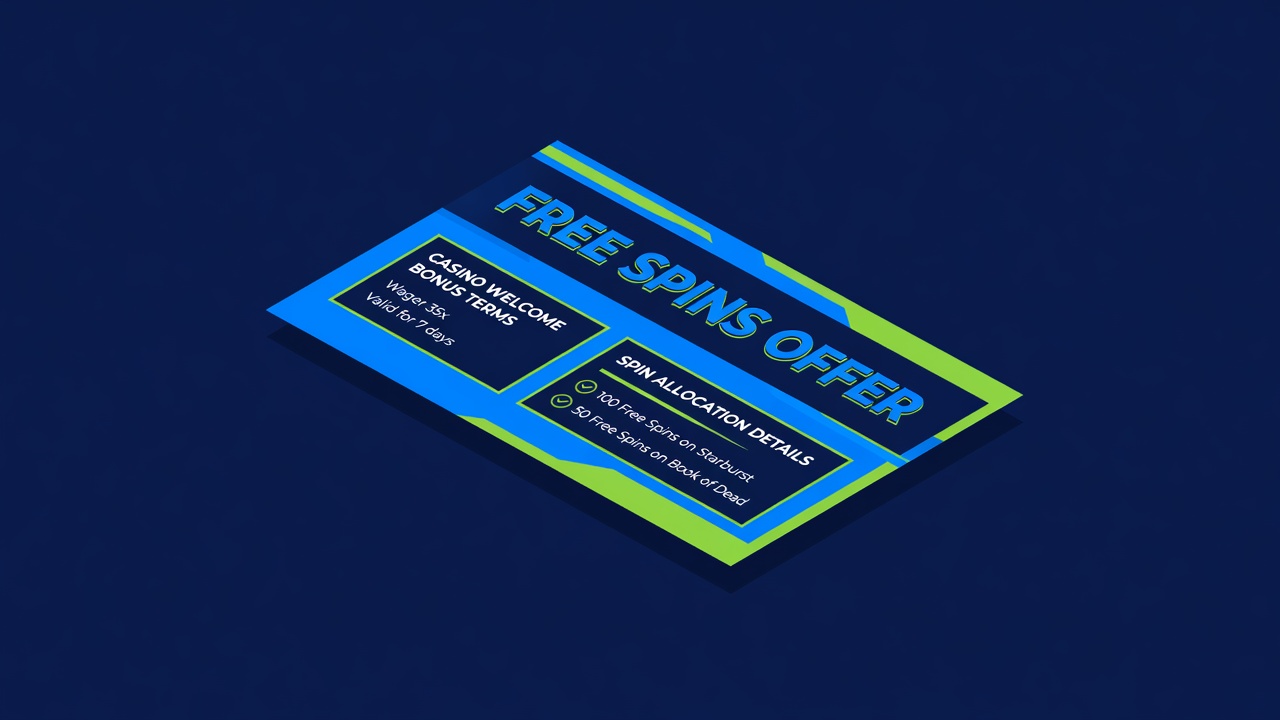 free spins offer banner with casino welcome bonus terms and spin allocation details marked