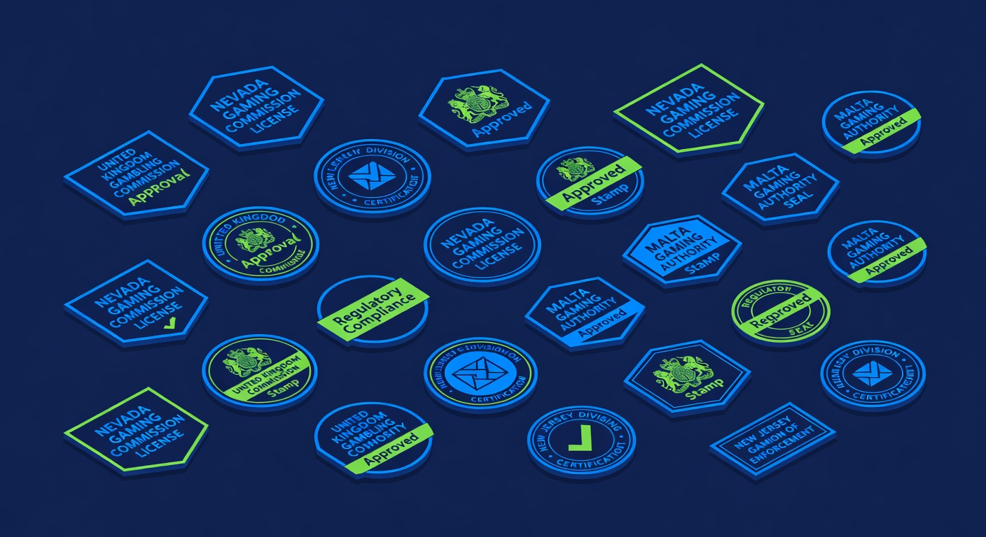 Multiple regional gambling license badges and regulatory approval stamps arranged