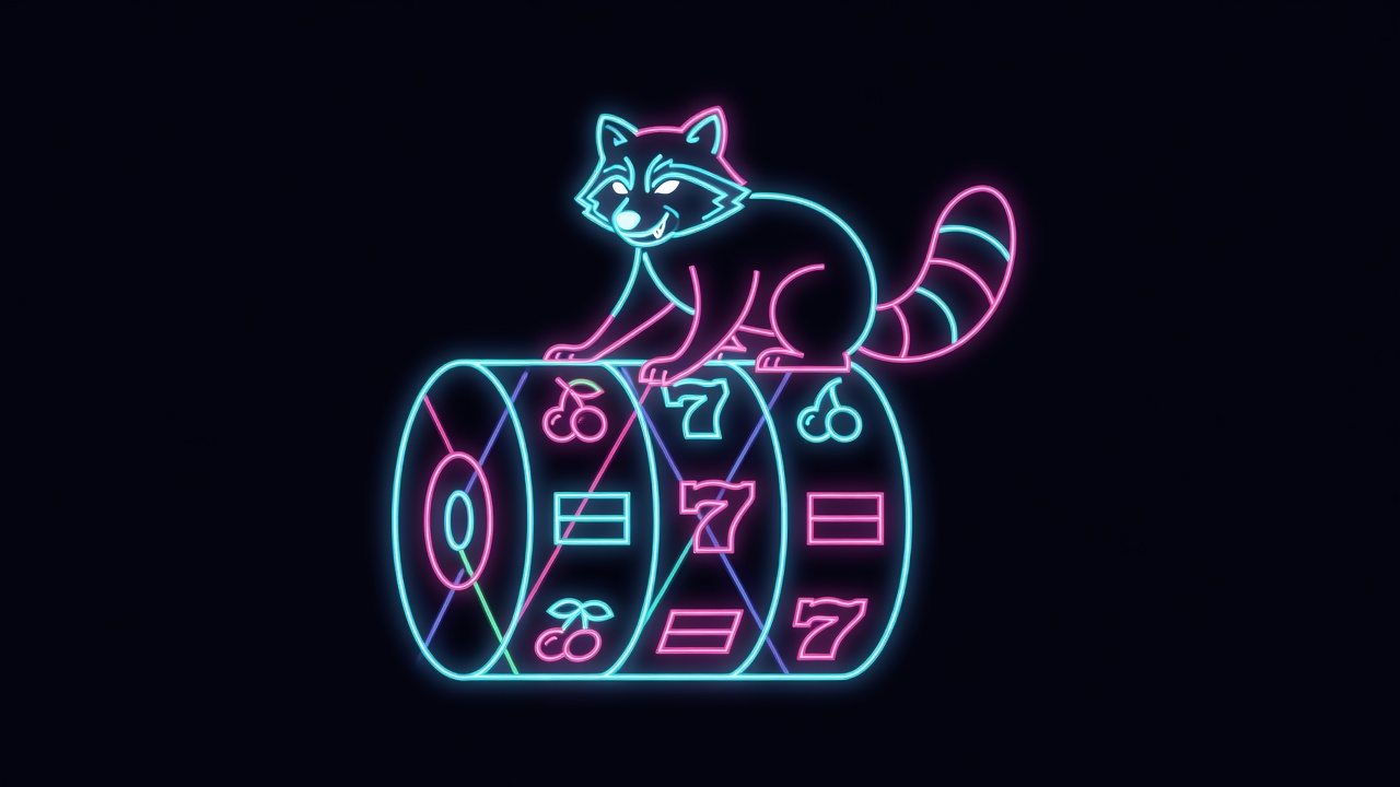 Raccoon character on a slot machine reel in neon colors