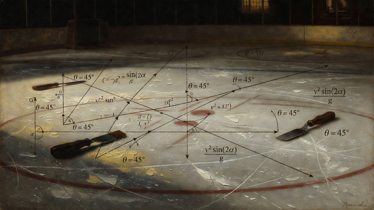 ice rink surface with angle measurement tools overlaid showing puck trajectory mathematics