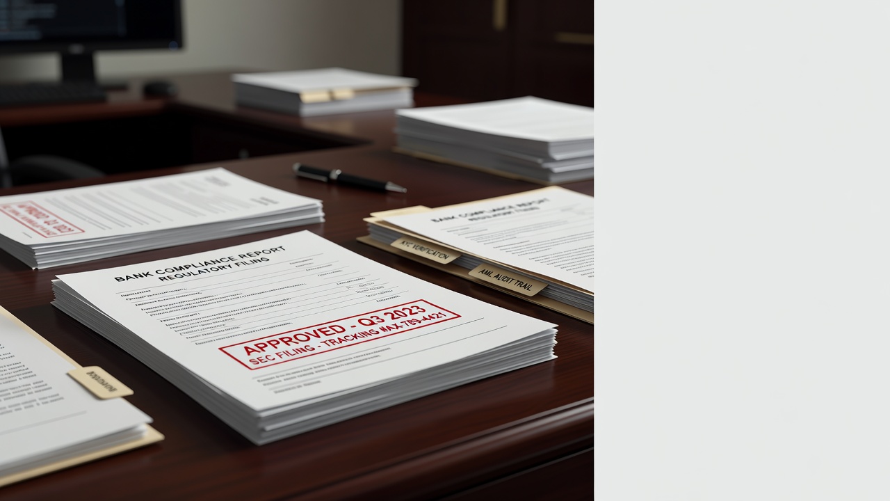 bank documents with regulatory stamps and tracking numbers arranged on a compliance officer's desk