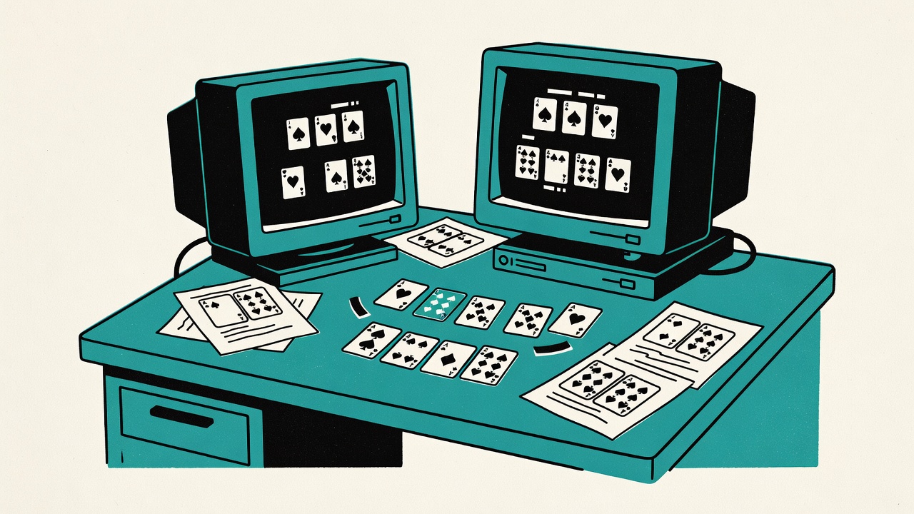 a software designer's workspace with blackjack card layouts sketched across paper and screen