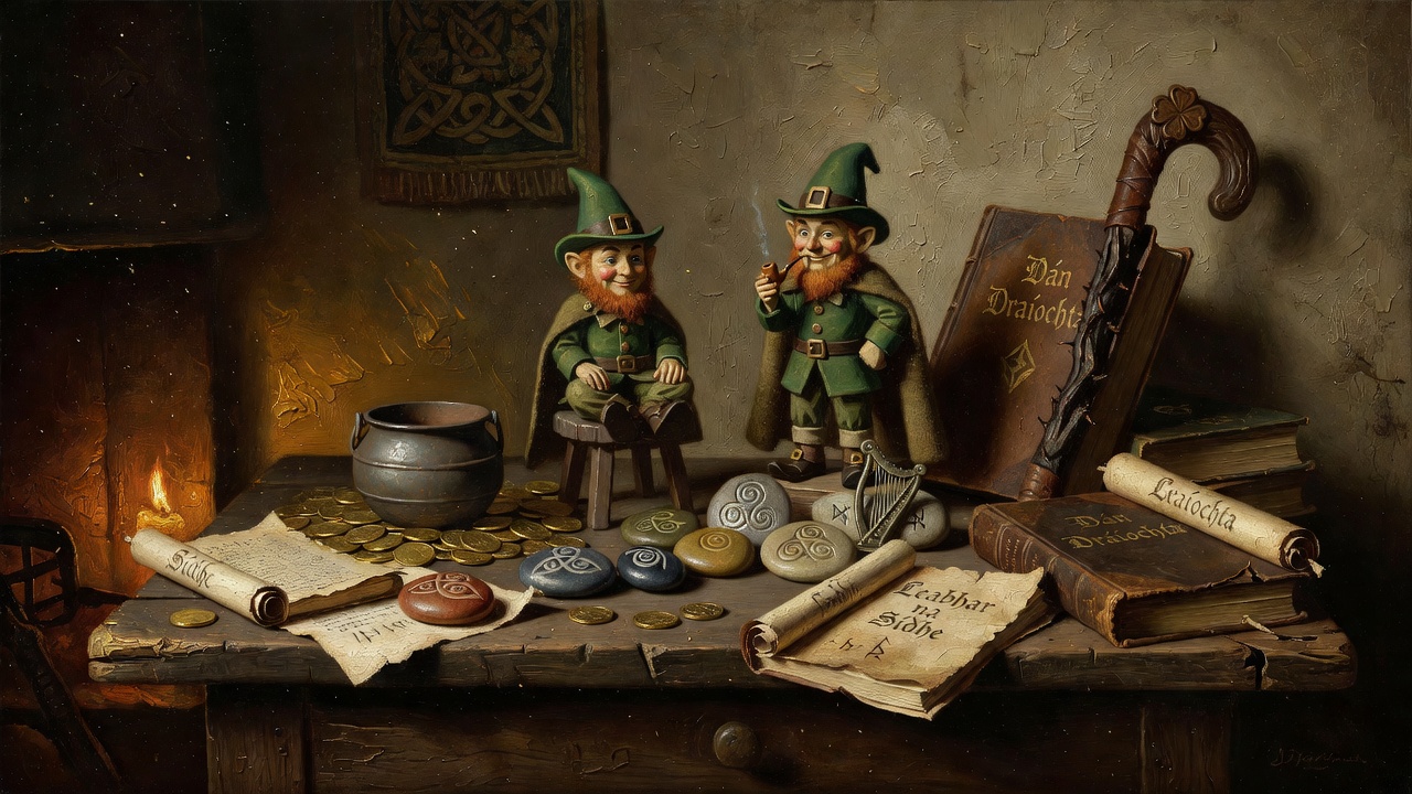 cultural artifact collection showing leprechaun iconography and irish folklore symbolism throughout