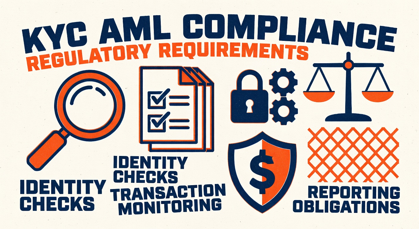 KYC AML compliance document symbols and regulatory requirement icons