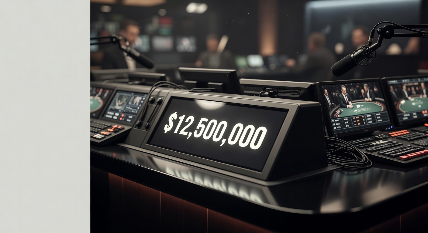 a poker tournament broadcast booth with dramatic lighting and championship pot amount displayed prominently