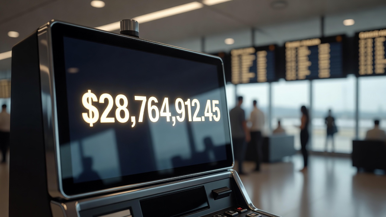 airport slot machine screen displaying a multi million dollar jackpot total