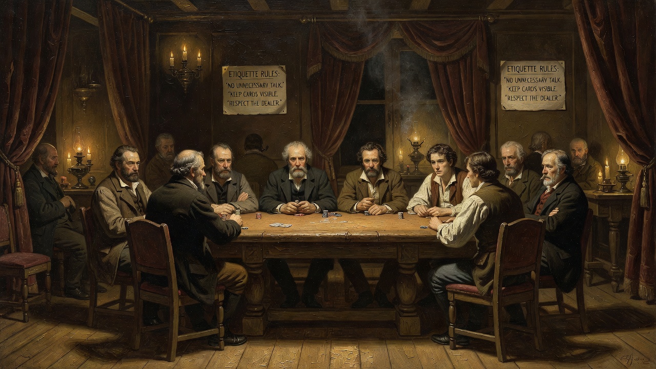 live poker room with etiquette rule cards posted and experienced players observing newcomers
