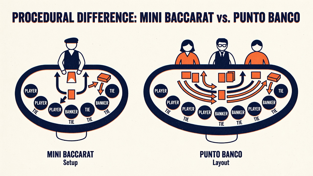 mini baccarat table setup compared to punto banco layout showing procedural difference illustrated