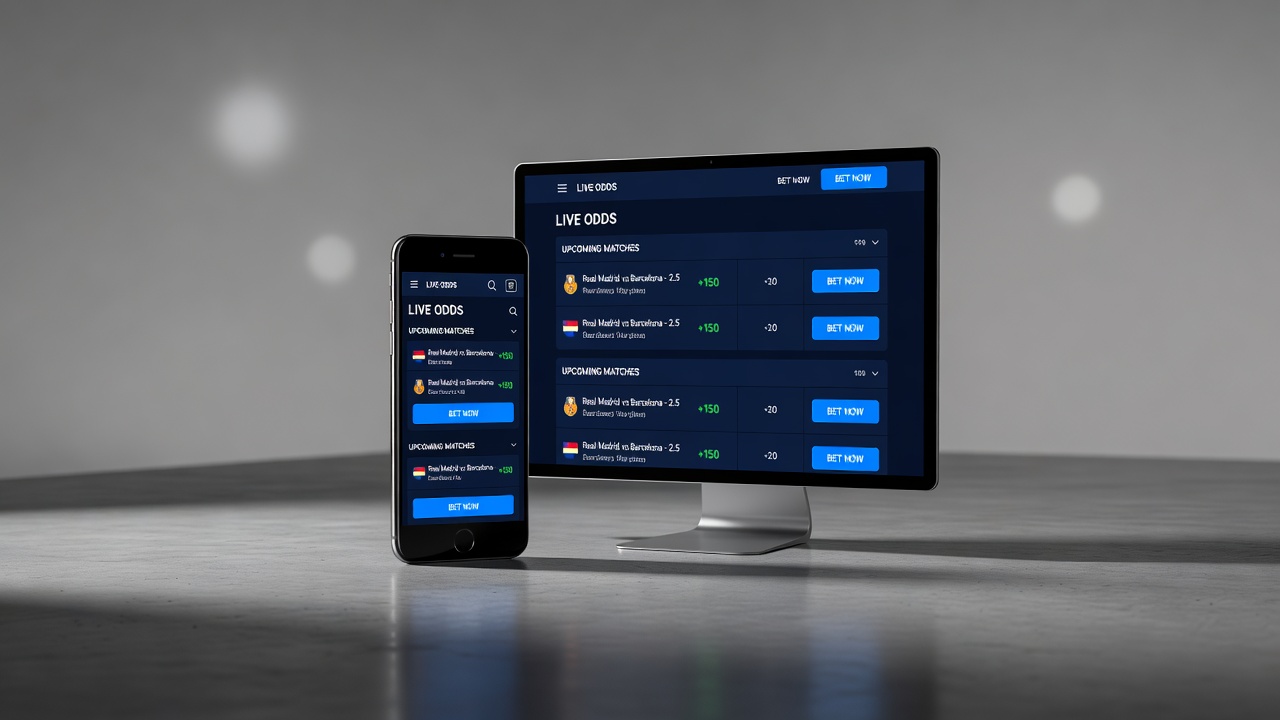 mobile phone and desktop monitor displaying identical sportsbook interface side by side
