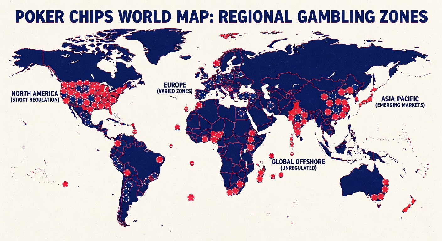 Poker chips world map showing regional gambling regulation areas
