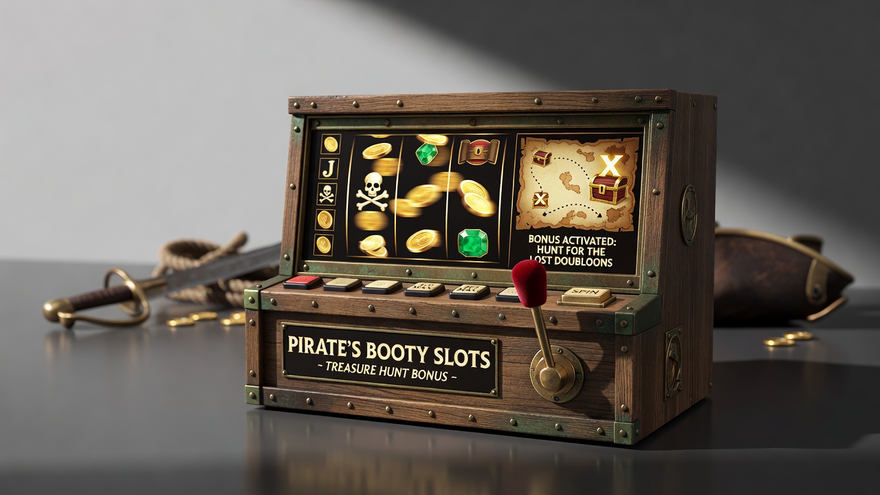 pirate themed slot machine games with bonus feature mechanics and treasure hunt narratives shown