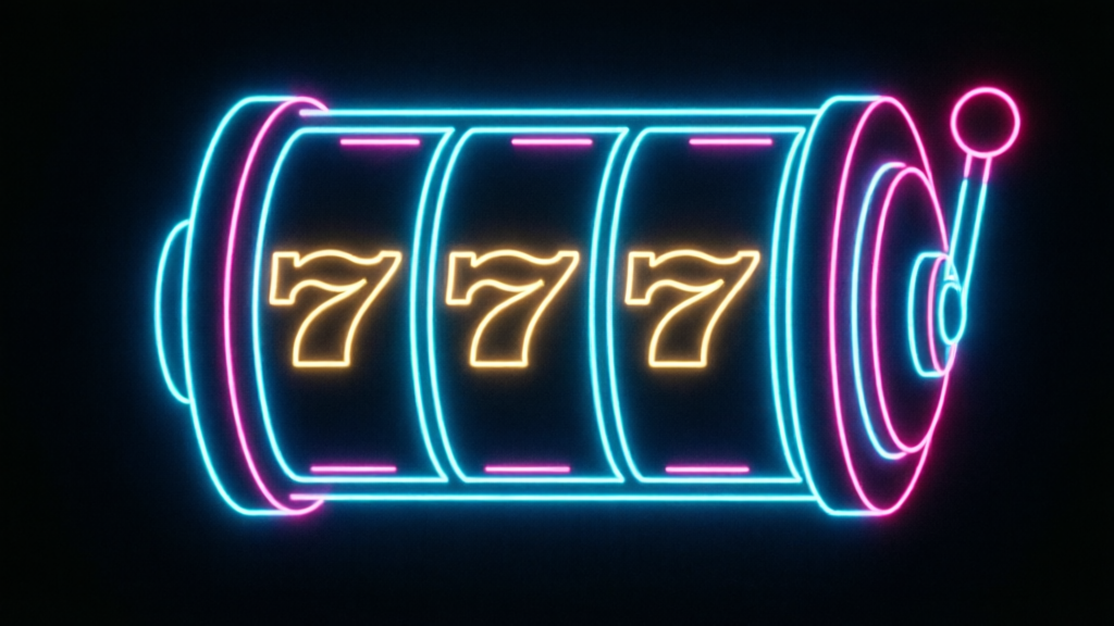 retro slot reels with glowing golden sevens and spinning wheel