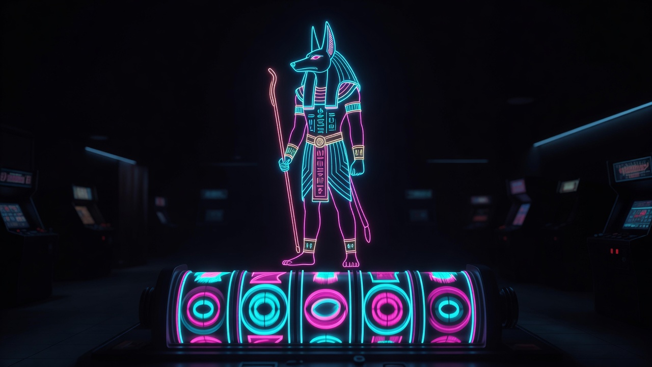 glowing anubis figure above spinning reels in a dark arcade