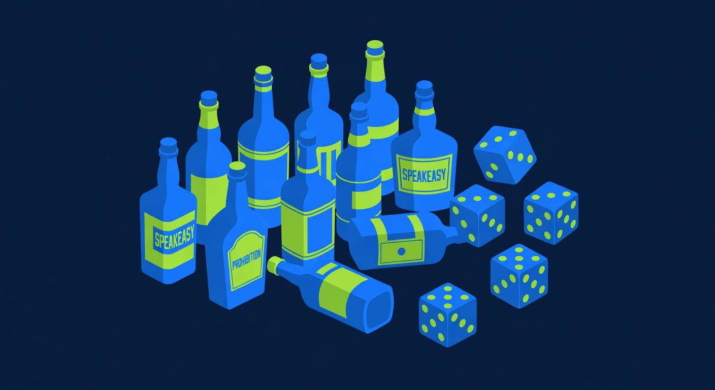 Prohibition era speakeasy liquor bottles and underground gambling dice