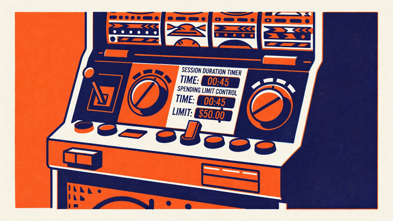 a slot machine interface with session duration timer and spending limit control mechanisms prominently featured