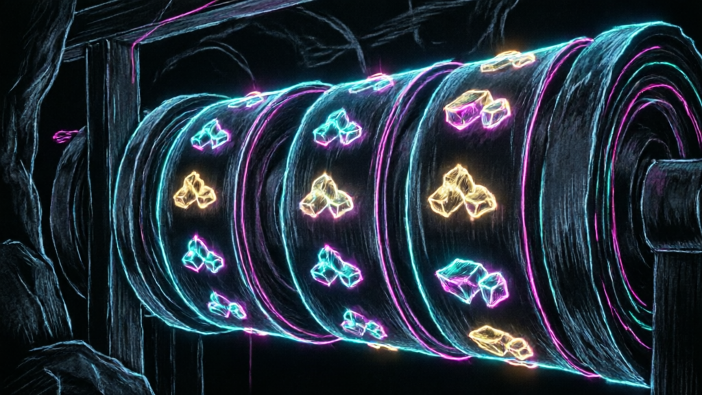 gold nugget symbols glowing on dark reels inside a mine shaft