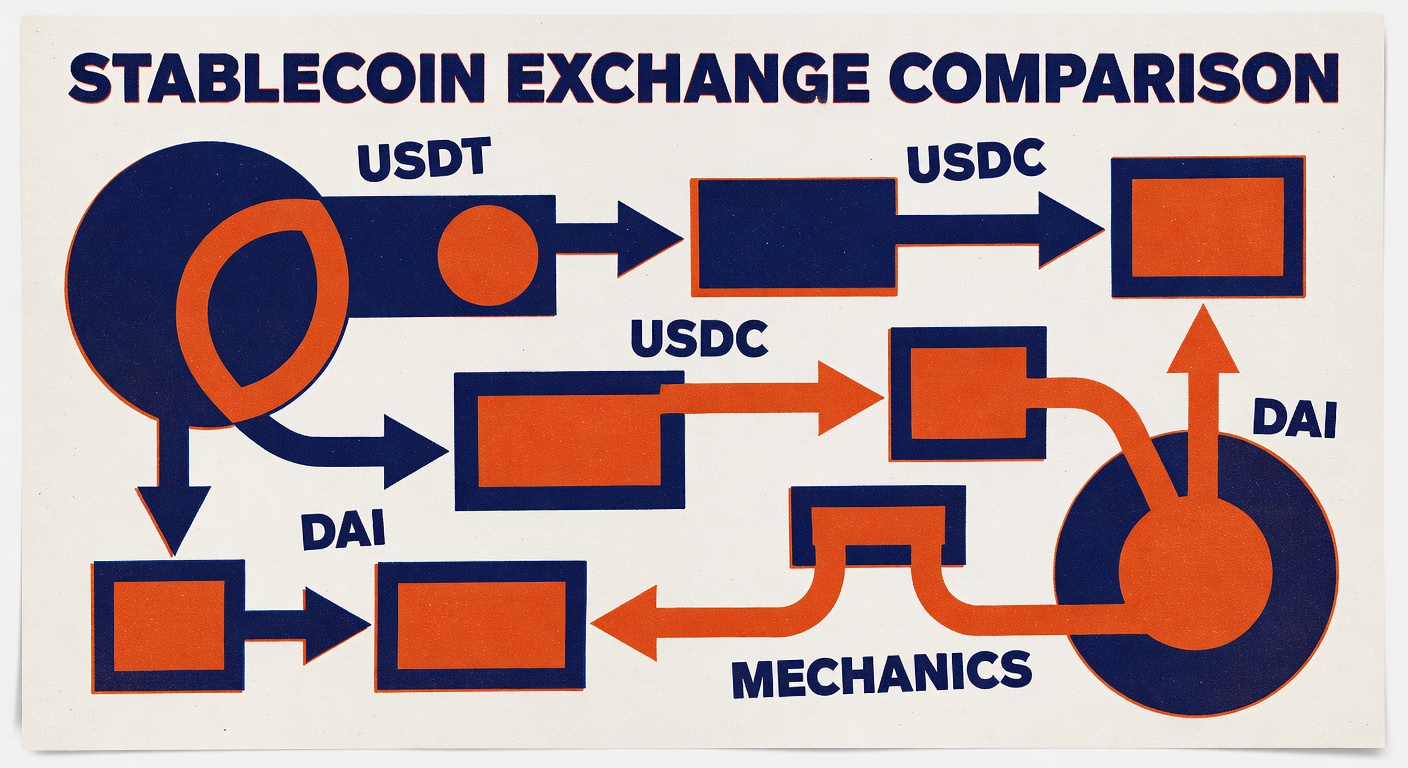 Stablecoin exchange comparison showing USDT USDC DAI mechanics