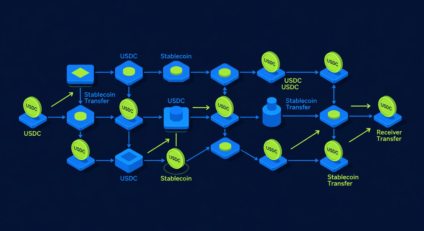 Blockchain stablecoin transfer symbols USDC transaction visualization