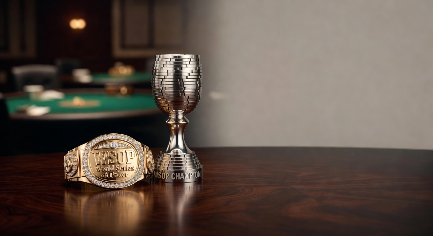 WSOP championship bracelet and poker tournament trophy arrangement
