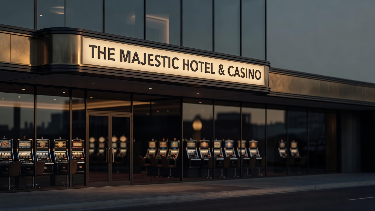 a hotel marquee sign in dimmed evening light with an empty casino floor visible through windows