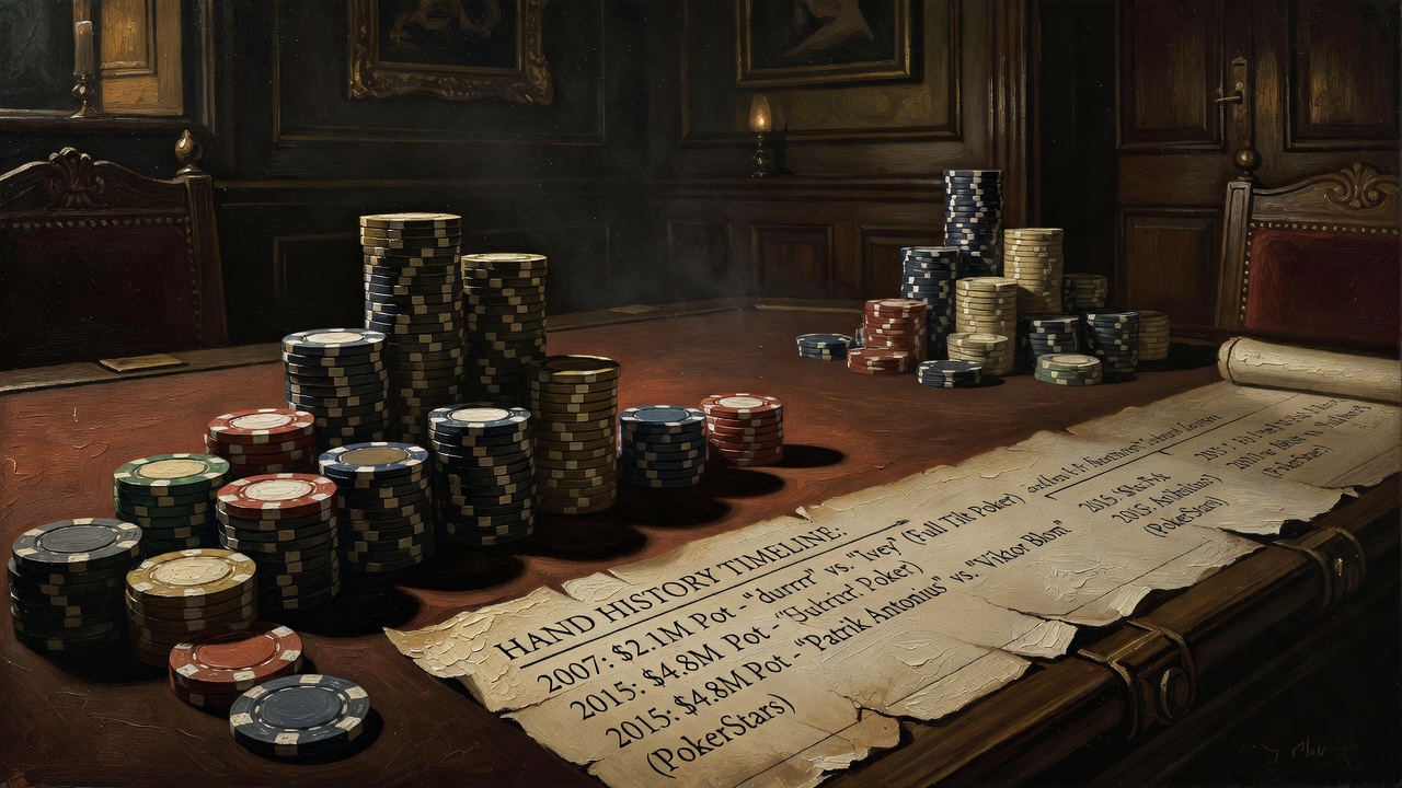 biggest online poker pots ever played with chip stacks and hand history timeline displayed