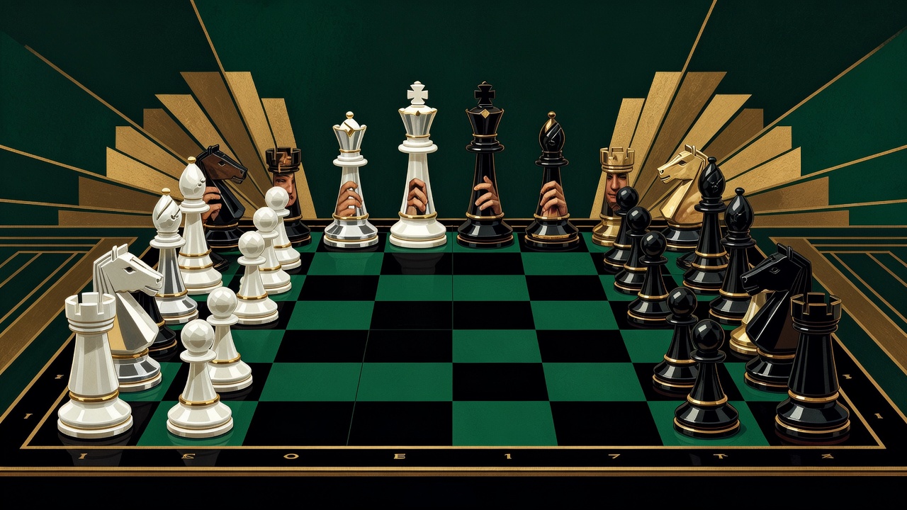 a chess board mid-game with player's reflection visible in polished pieces, concentration evident