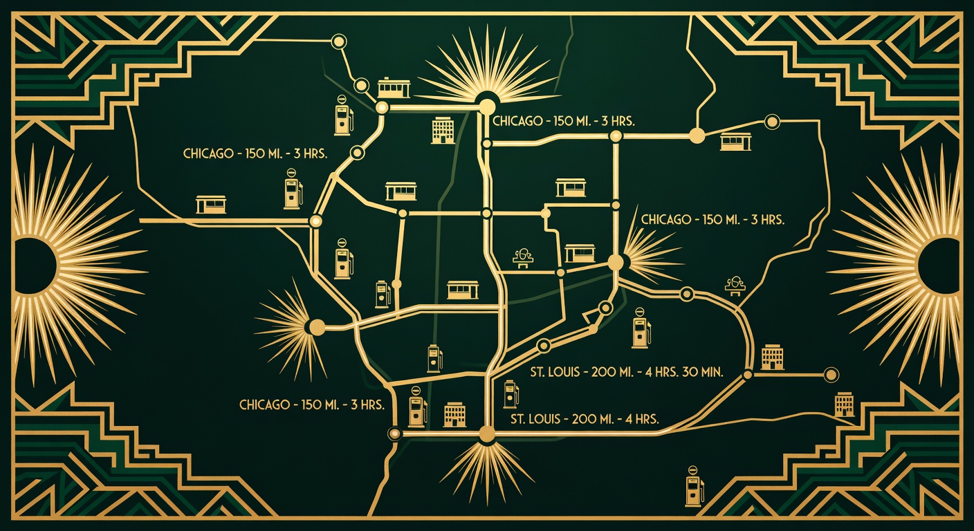 a highway map with travel routes and rest stop locations marked, showing distance and time annotations