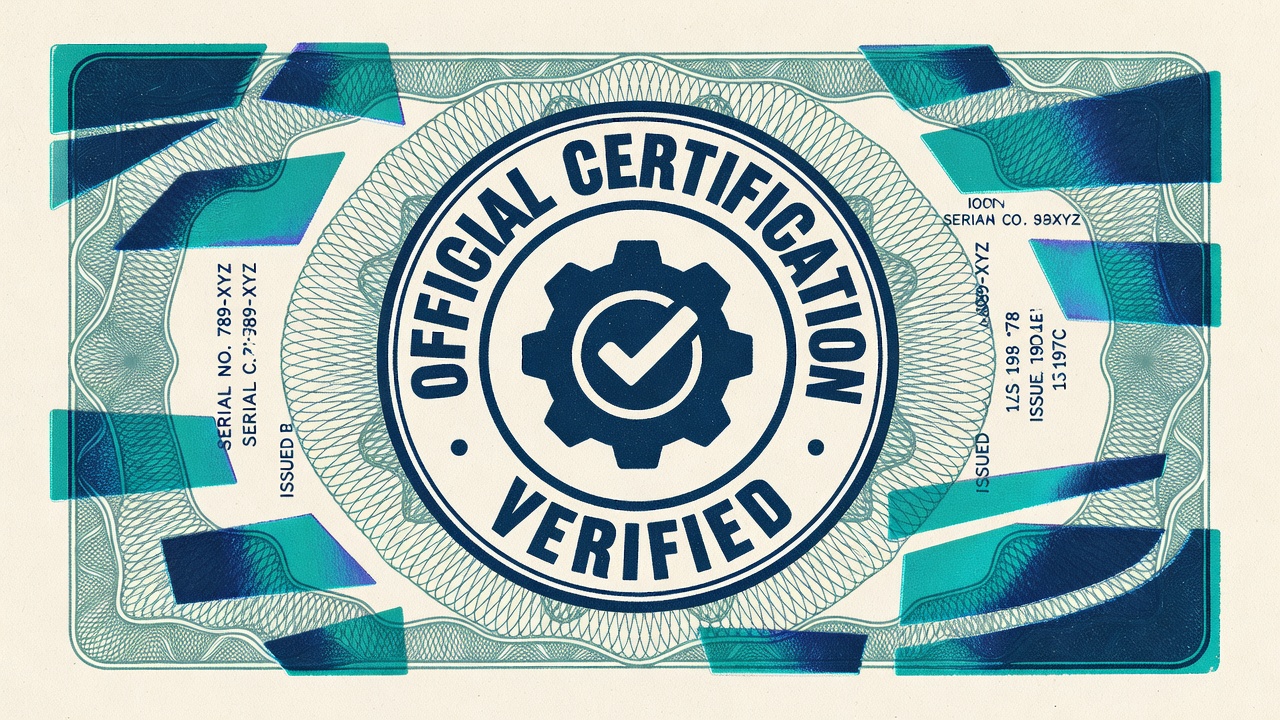 a certification stamp and official documentation with security features and verification holograms visible