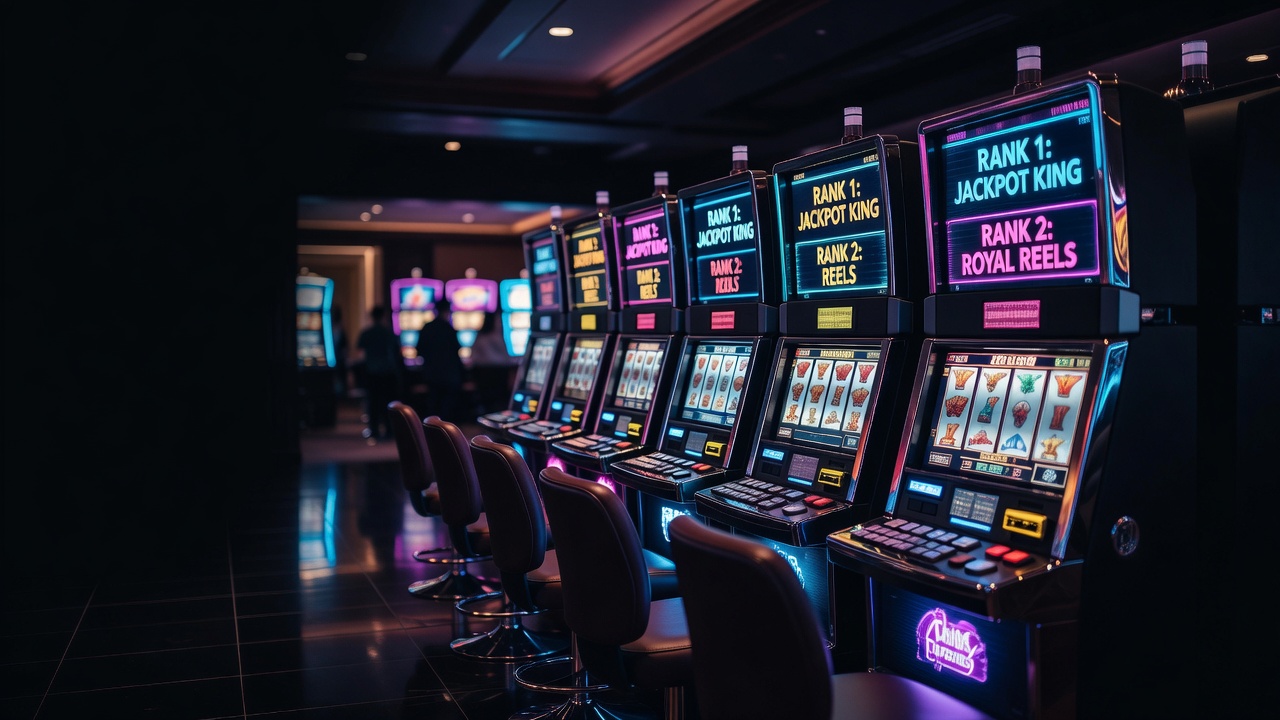 neon casino floor with ranked slot machine screens glowing at night