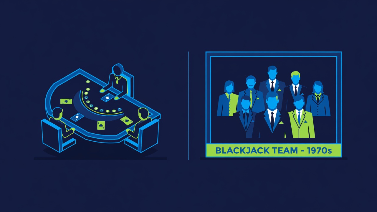 a split-screen showing a movie still and historical blackjack team photograph side by side