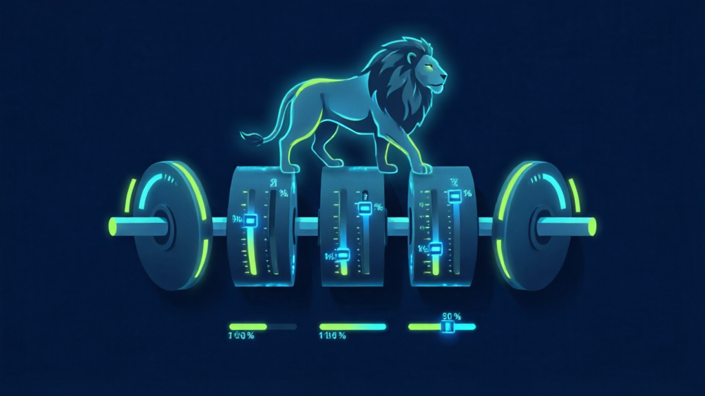 lion silhouette over five-reel grid with percentage sliders