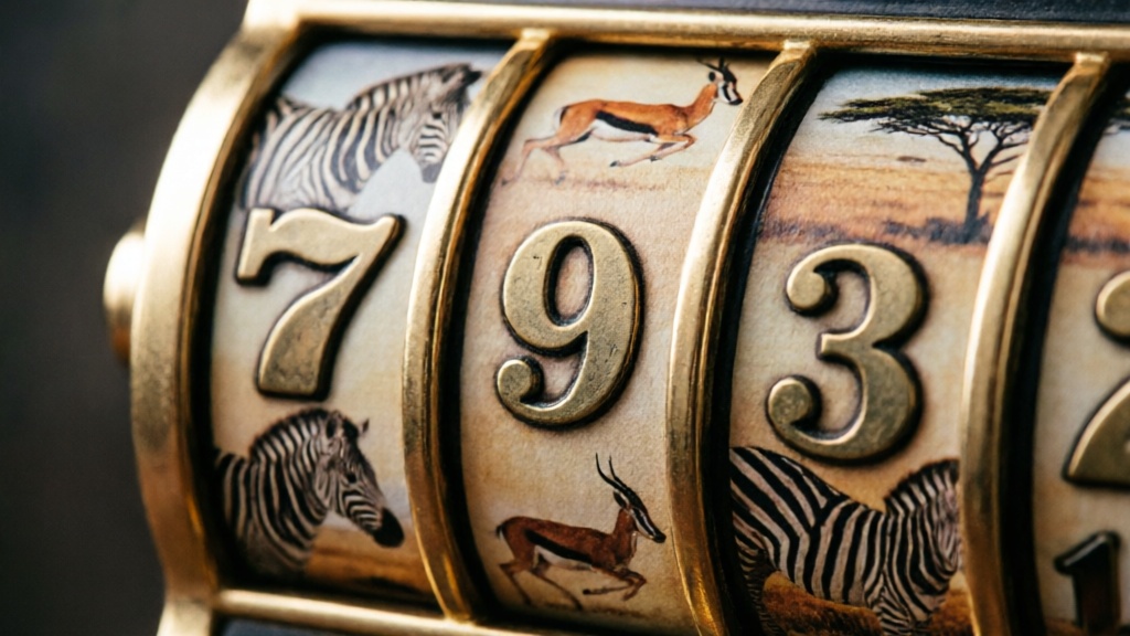 close-up of African savanna reels on a slot screen with numbers overlay