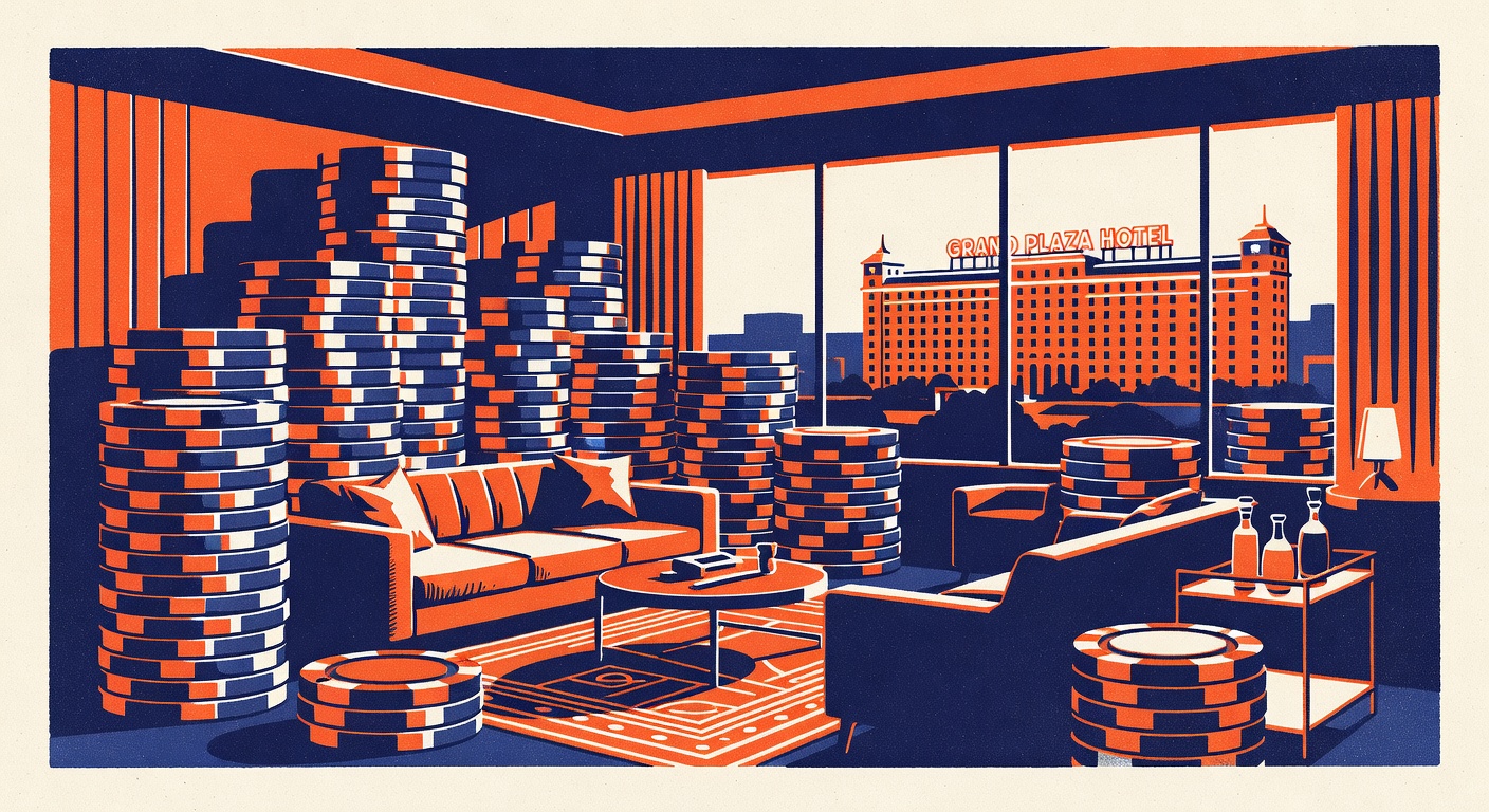 a high-roller casino suite with towering chip stacks and a grand plaza hotel view