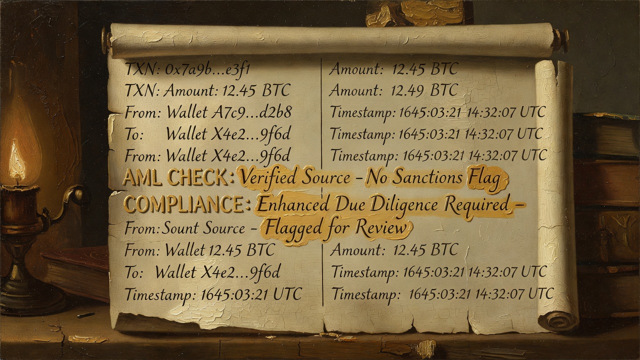 cryptocurrency transaction log displayed with highlighted AML compliance checkpoints marked
