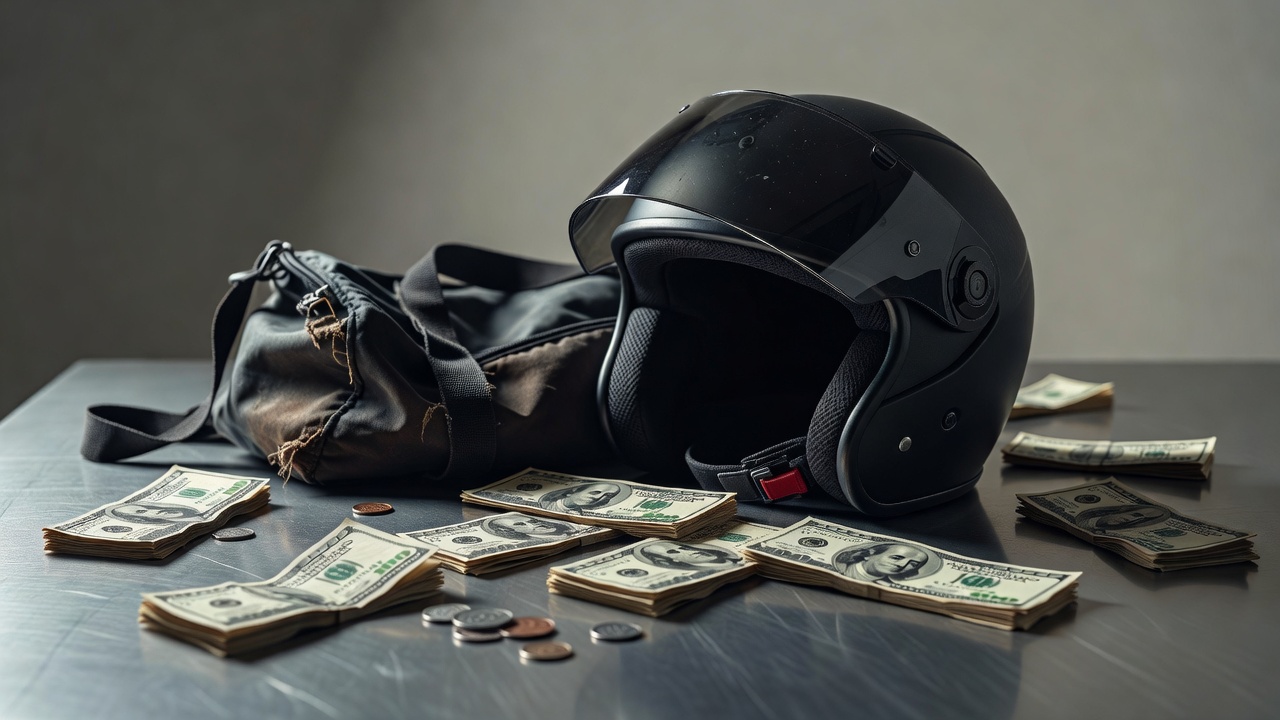 motorcycle helmet and cash scattered on a surface conveying hasty escape and amateurish execution