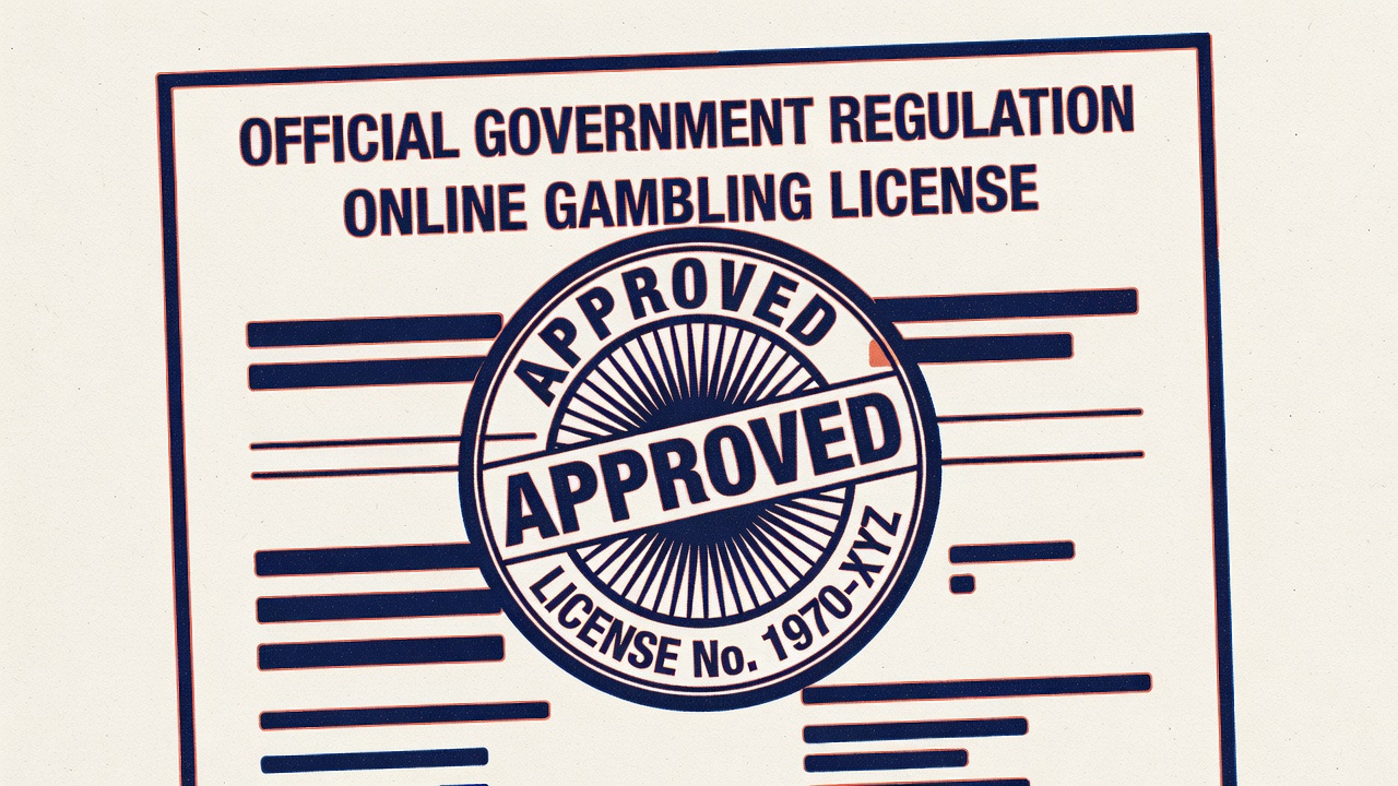 an official government regulation document overlaid with an online gambling license seal
