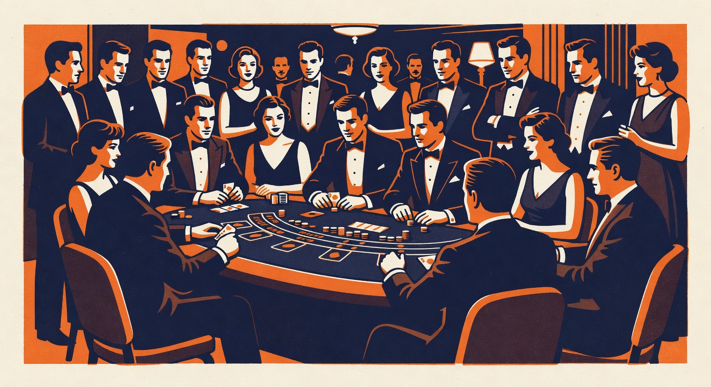 a baccarat salon filled with high-roller players in formal attire around a felt table