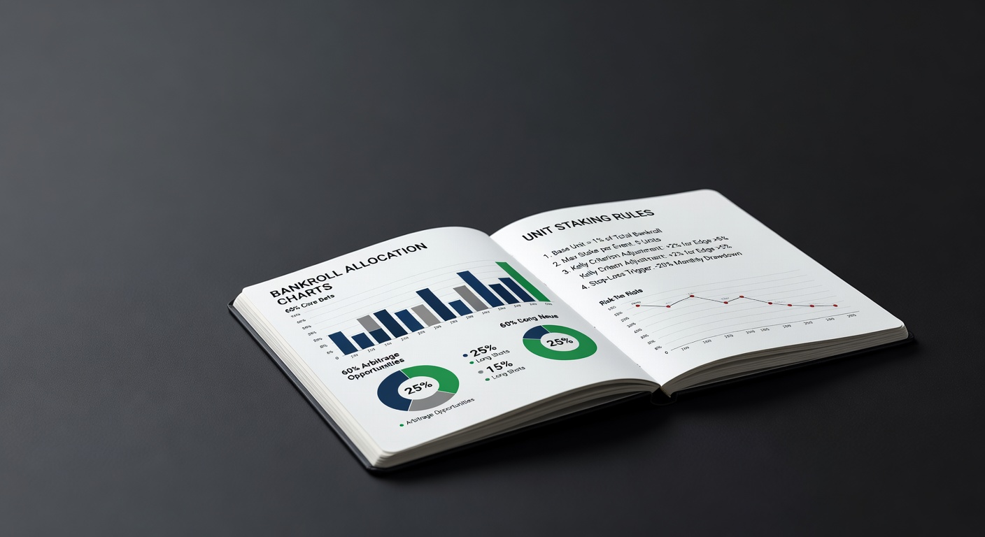 a sports bettor notebook with bankroll allocation charts and unit staking rules