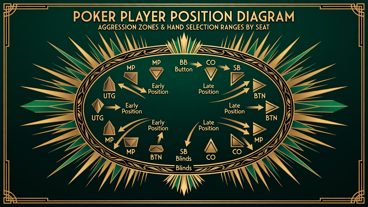 poker player position diagram showing aggression zones and hand selection ranges by seat