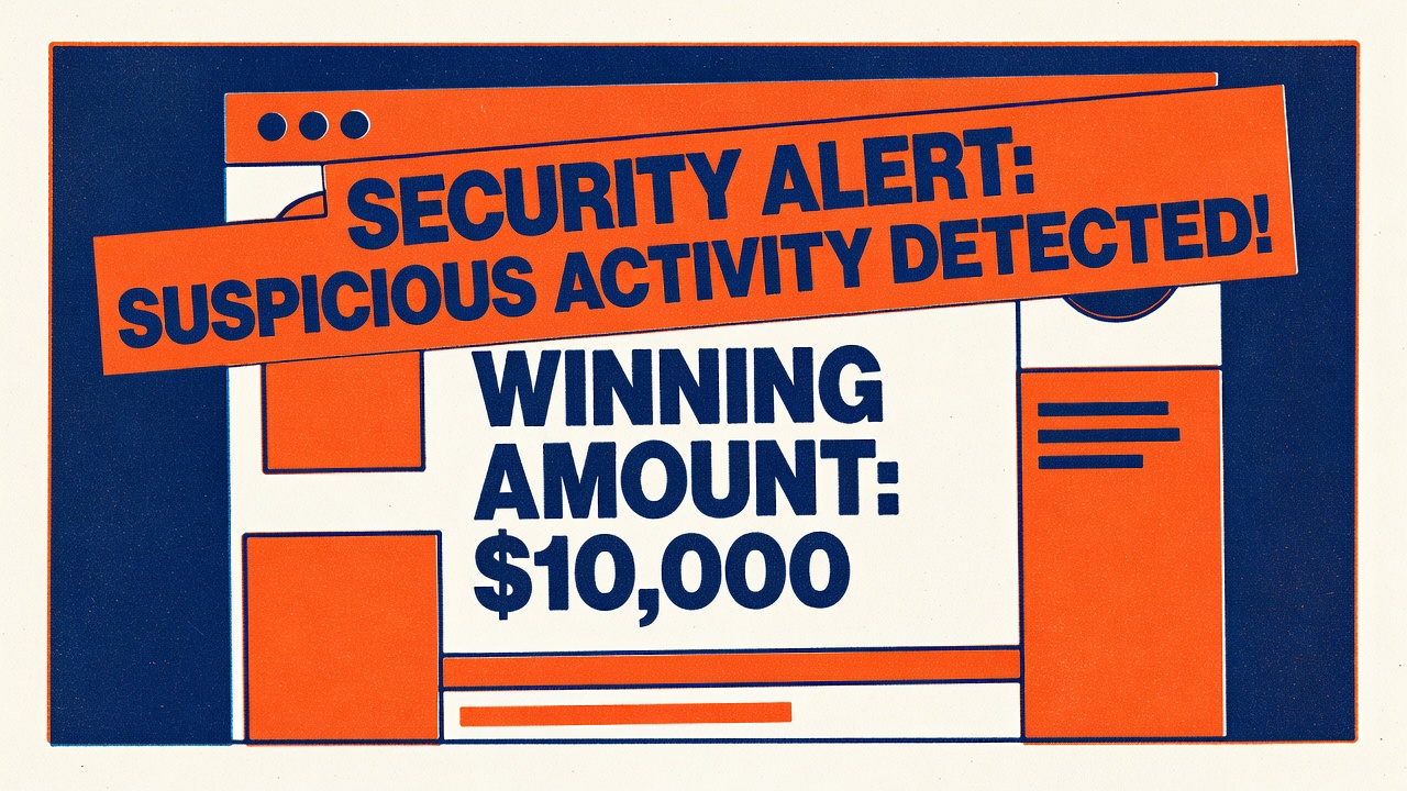 social media post screenshot with winning amount visible and security alert warning overlay