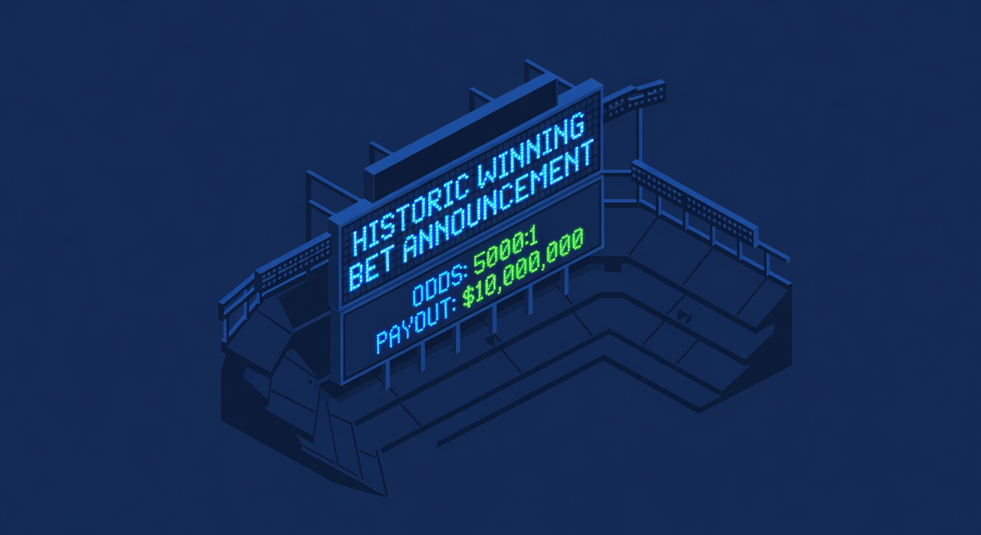 a sports stadium scoreboard displaying a historic winning bet announcement in lights